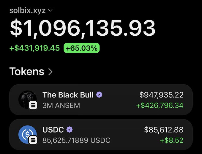 A screenshot of the solbix.xyz portfolio tracker shows a wallet valued at $1,096,135.93 (+$431,919.45, +65.03%), with 3M ANSEM tokens (The Black Bull) worth $947,935.22 and 85,625.71889 USDC worth $85,612.88, illustrating the massive gains from an airdrop initially worth ~$88,400 just five days prior.