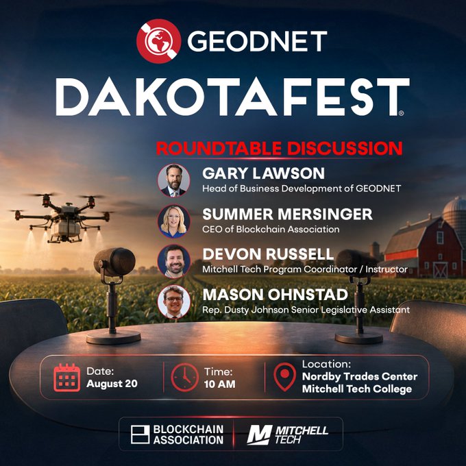 Promotional graphic for the GEODNET DakotaFest Roundtable Discussion on August 20 at 10 AM, held at the Nordby Trades Center at Mitchell Tech College, featuring speakers Gary Lawson (Head of Business Development of GEODNET), Summer Mersinger (CEO of Blockchain Association), Devon Russell (Mitchell Tech Program Coordinator/Instructor), and Mason Ohnstad (Rep. Dusty Johnson Senior Legislative Assistant).