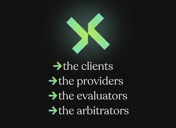 A glowing green geometric 'X' logo appears on a black background above the text: 'the clients, the providers, the evaluators, the arbitrators' with arrow bullets.