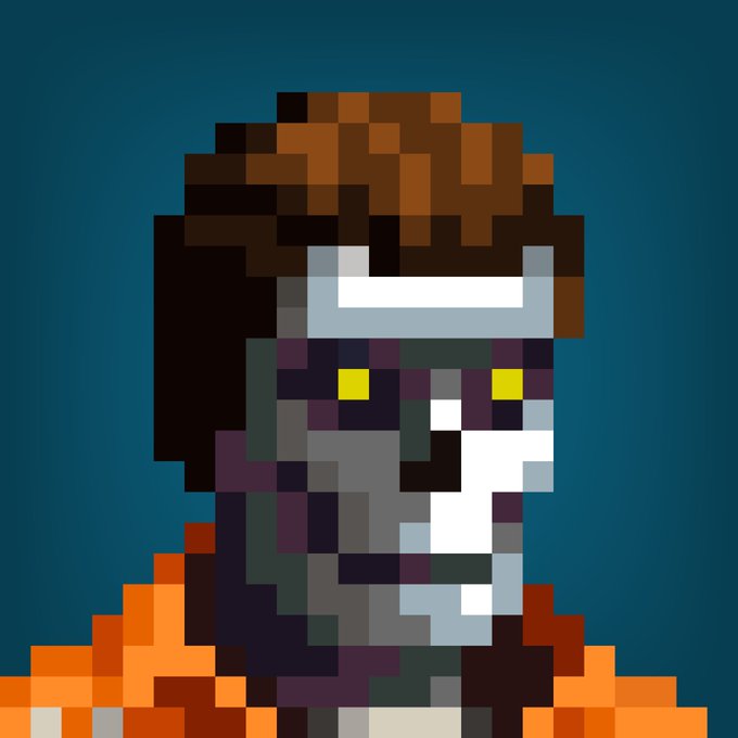 Pixel art portrait of a character with brown hair, glowing yellow eyes, and an orange outfit against a blue background.
