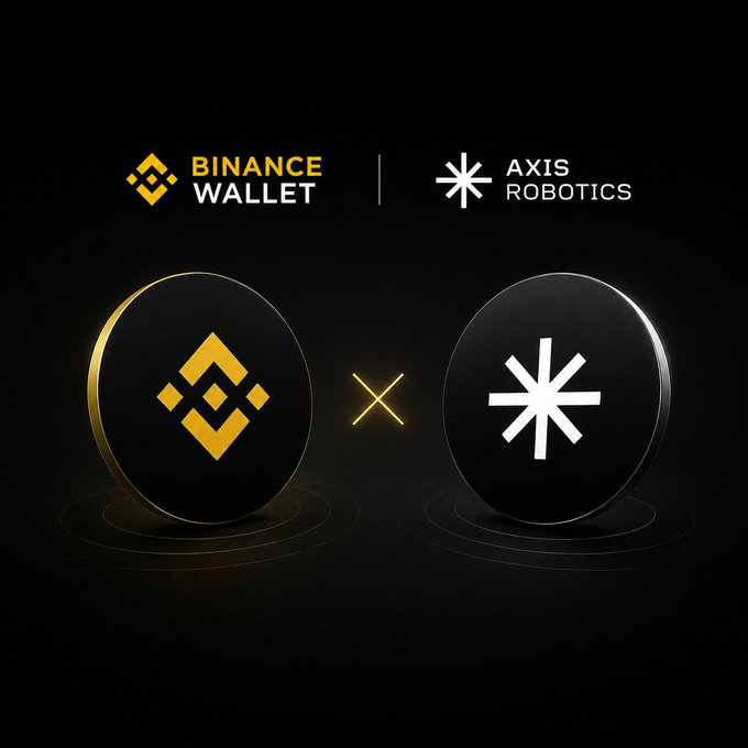 Promotional graphic featuring the logos of 'BINANCE WALLET' (yellow/black coin) and 'AXIS ROBOTICS' (white/black coin) separated by a glowing 'X', suggesting a partnership or collaboration between the two brands.