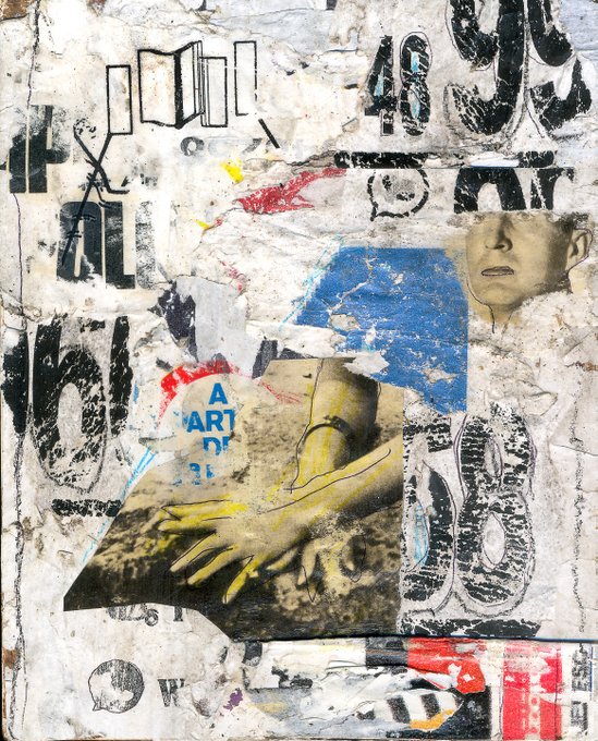 A textured street art collage featuring torn posters, large black numbers, and a hand-drawn figure over layered paper and paint.