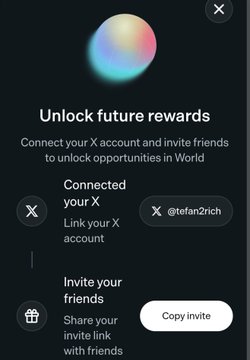 A World app interface showing the "Unlock future rewards" screen, where user @tefan2rich has connected their X account and can share an invite link with friends to unlock World opportunities. The UI complements the post praising World as they completed the X account connection step.