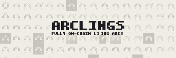 The image features pixelated alien characters arranged in a grid with the text "ARCLINGS - FULLY ON-CHAIN LIVING ARCS," promoting the ArclingsNFT collection on Arc Network's giveaway for 5 guaranteed mint spots.