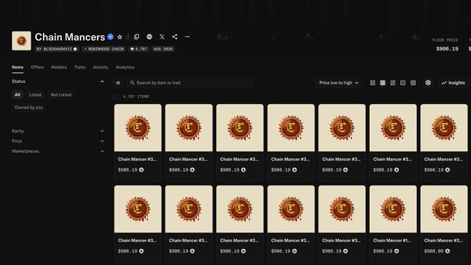 A screenshot from a digital marketplace showing a collection of 4,767 'Chain Manc...' items, all priced at $900.19 or $900.00, with a floor price of $900.19.