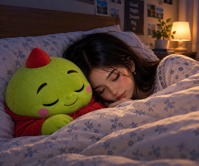 A young woman sleeping peacefully in bed hugging a green plush toy with a red pointed hat, with a 'Good Night Dream Big' sign and lit lamp on the nightstand behind her.