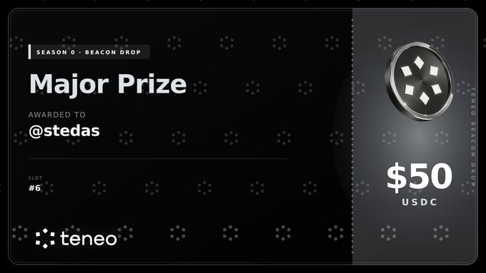 The image features a black and white poster with a silver coin at its center. The poster has text that reads "Season 3 Beacon Drop Major Prize Awarded to @stedas" and "#6". It also includes a hashtag, #teneo, which is likely related to the project or event being promoted on social media.