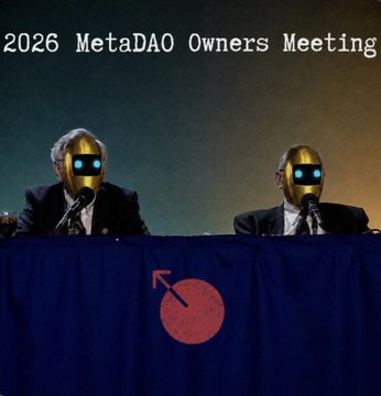 This image, promoting the "2026 MetaDAO Owners Meeting," humorously depicts two figures in suits wearing robotic masks, likely a playful nod to the "meta" aspect of the meeting. Two people in suits, with robotic masks, are seated behind a table with a flag displaying a red circle and an arrow.