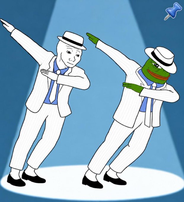 Two figures in matching white suits and fedoras strike a synchronized dance pose under a spotlight, one depicted as a generic white "wojak" character and the other as Pepe the Frog—both iconic internet meme personalities. The image visually reinforces the post's claim that a crypto coin is rising in value because it is tied to a top meme figure (Pepe), using the dancing duo to humorously celebrate the "top 2 meme" status driving the price increase.