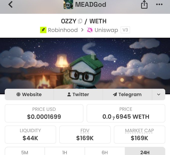 A screenshot of a token page for OZZY/WETH on Uniswap V3, showing a current price of $0.0001699 USD (0.0₇6945 WETH), $44K liquidity, and a $169K FDV/market cap, alongside a cartoonish character image. The page is being shared to support the claim that $OZZY is undervalued and could rally like $alon did to $10M.
