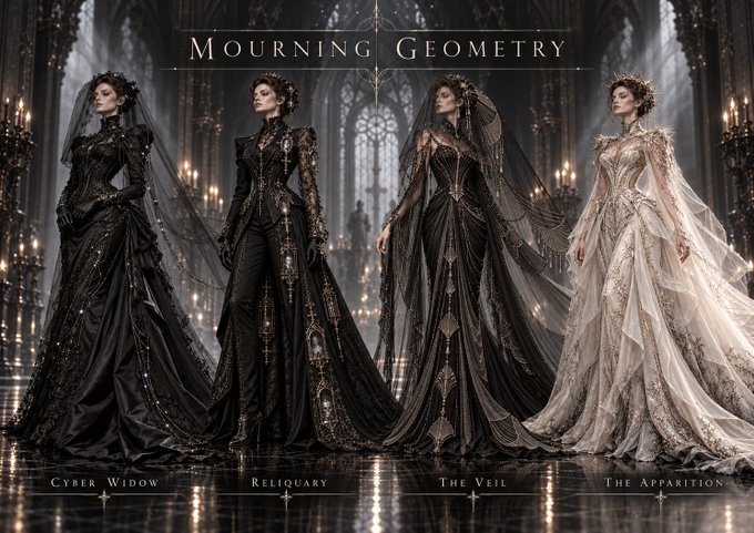 An illustration titled 'Mourning Geometry' showing four gothic figures in elaborate dark and white gowns, labeled 'Cyber Widow', 'Reliquary', 'The Veil', and 'The Apparition'.