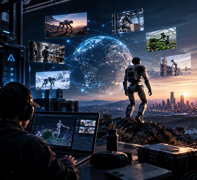 Futuristic scene of a person at a laptop monitoring multiple screens showing robots in various environments, with a humanoid robot standing on a rock overlooking a cityscape at sunset and a glowing digital globe.