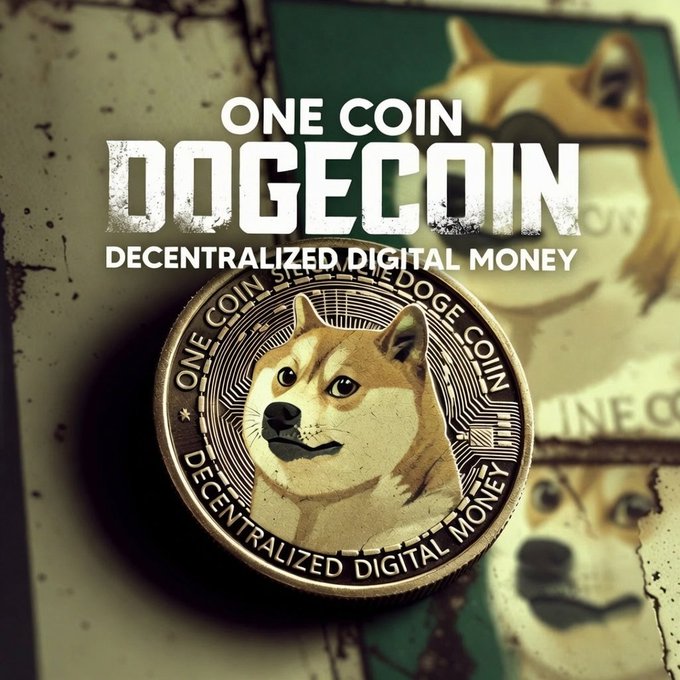 The image features a coin with a dog face on it, which has been labeled as "One Coin DOGE Coin". The coin is described as being centralized digital money or a digital token, and it is worth $DOGE.