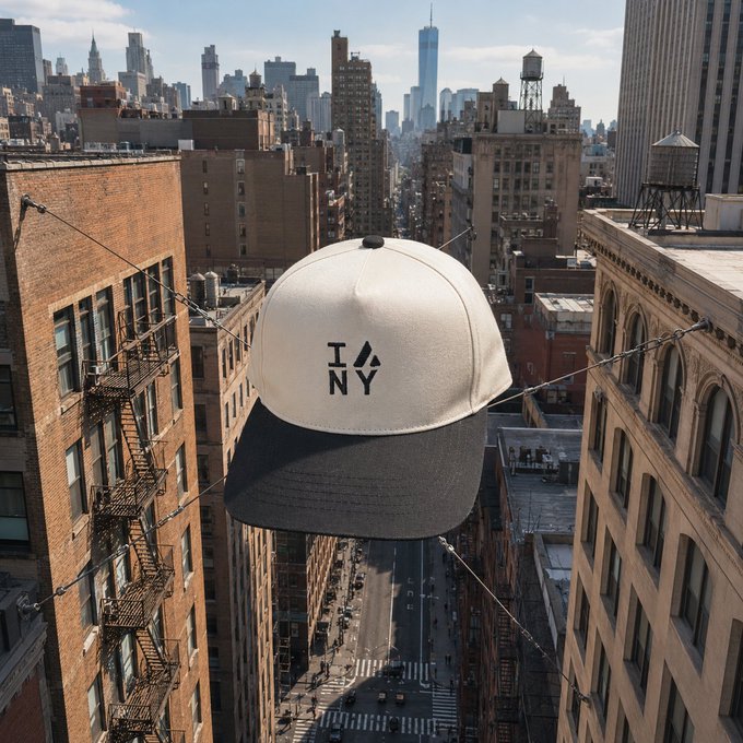 A white and black snapback cap with an "I ❤ NY" logo floats in the air between buildings on a Manhattan street, with the One World Trade Center visible in the background skyline.