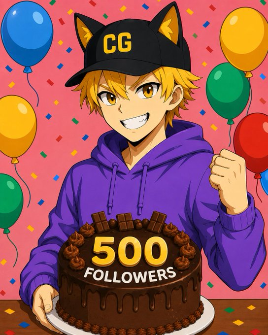 Anime-style illustration celebrating '500 Followers' on a chocolate cake, featuring a blonde character in a purple hoodie and 'CG' cap with cat ears, surrounded by balloons and confetti.
