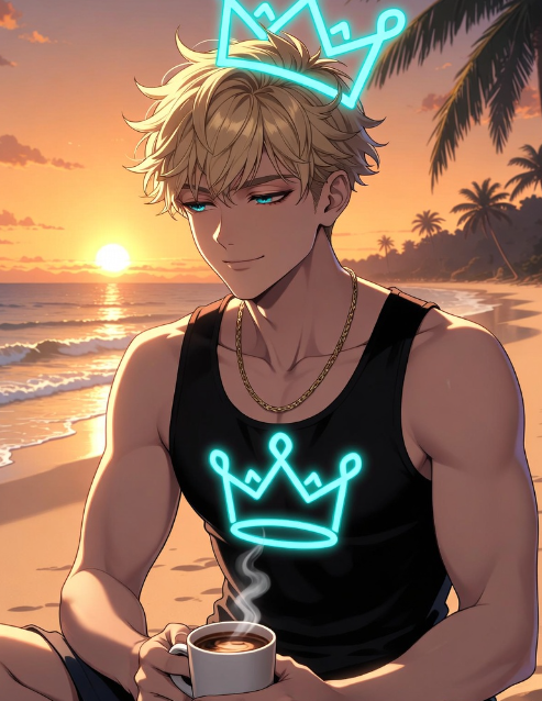 The image features a young man sitting at the beach with his arms crossed while holding a cup of coffee. The setting appears to be a tropical location, as there are palm trees visible nearby. The photo has been edited or altered to include neon lights in the background, giving it an artistic and dreamy appearance. The caption provided seems unrelated to the image itself but might be a part of the editing process or intended to draw attention to the photo's content.