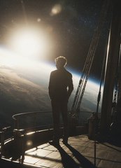 A silhouetted figure stands on what appears to be a high-altitude observation deck or spacecraft, gazing out at a sunlit Earth view from above the atmosphere, evoking a sense of forward-looking perspective. The image pairs with the post's optimistic Saturday morning greeting, using the vast cosmic vista to symbolize the boundless potential of the crypto projects mentioned—River Points, satUSD, and Quip's quantum testnet—suggesting traders are positioned at the frontier of innovation with hopeful momentum.