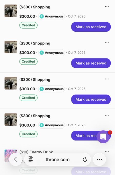 A mobile screenshot from throne.com showing four $300 anonymous 'Shopping' credits dated Oct 7, 2026, each with a 'Mark as received' button, and a partially visible $10 Energy Drink item.