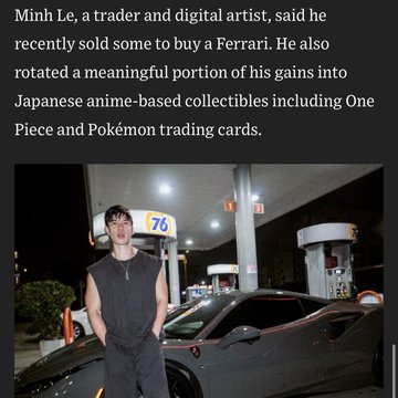 A screenshot featuring text about 'Minh Le', a trader and digital artist, who bought a Ferrari and invests in One Piece and Pokémon collectibles, above an image of him standing next to a grey Ferrari at a 76 gas station.