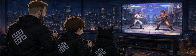 An illustrated artwork showing two people and a black dog wearing matching clothes playing a fighting video game, with a fighting game match displayed on a TV screen against a nighttime cityscape background.