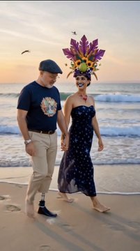 A man in a navy t-shirt and flat cap holds hands with a woman wearing an elaborate feathered carnival headdress, sunglasses, and a navy polka-dot dress as they walk barefoot along a sandy beach at sunset.
