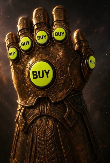 An ornate, metallic gauntlet reminiscent of Thanos's Infinity Gauntlet features glowing yellow "BUY" buttons on each finger and palm, symbolizing the unstoppable urge to buy. The image cleverly visualizes the accompanying message that "The $buy button is inevitable," merging meme culture with Marvel references.