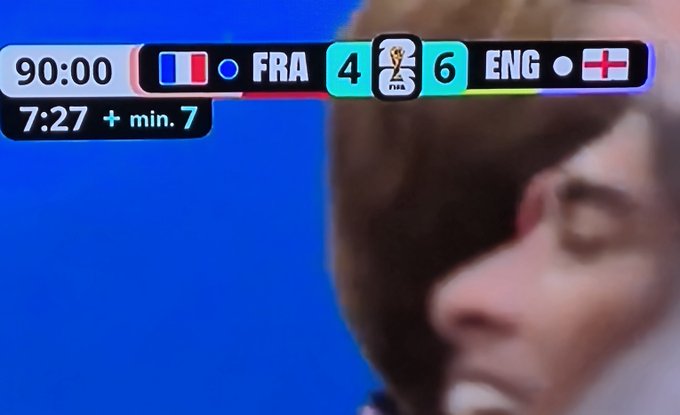 A World Cup scoreboard showing France (FRA) vs England (ENG) at full time with a final score of 4-6, with the clock showing 90:00 and 7 minutes of extra time at 7:27.