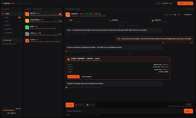 A screenshot of the 'CRACK MAIL' email client (Bitcoin-themed) showing a licensing agreement from 'MARTIAL AI ELITE' in a dark interface.