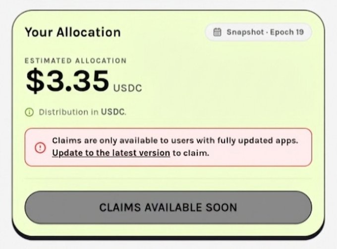 A user's Grass dashboard displays an estimated allocation of $3.35 USDC for Snapshot · Epoch 19, with a notice that claims require a fully updated app and are "available soon," illustrating the small USDC payout referenced in the post criticizing Grass Season 2 rewards.