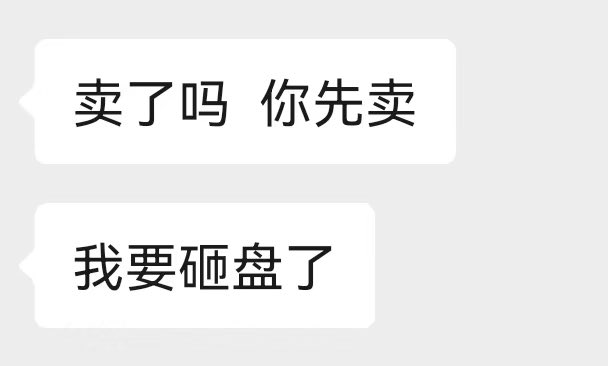 A screenshot of two Chinese chat messages in white speech bubbles stating '卖了吗 你先卖' (Have you sold? You sell first) and '我要砸盘了' (I'm going to crash the market).