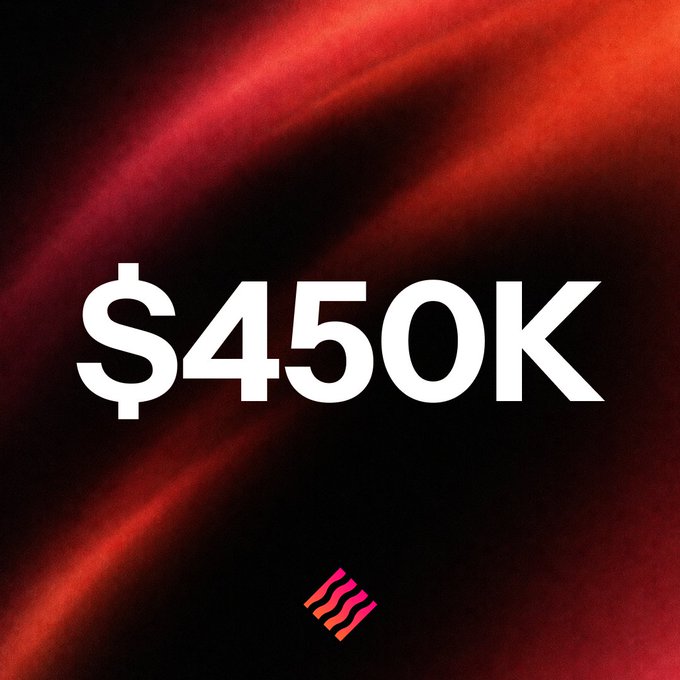 Graphic displaying the text "$450K" in large white letters over a dark red and black background, with a small pink and red wavy logo at the bottom.