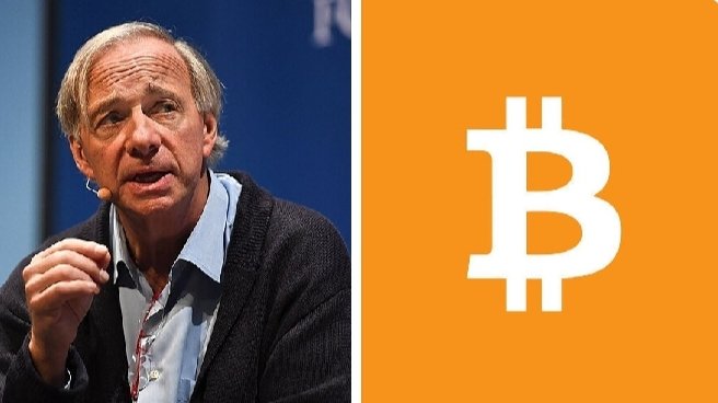 The image features billionaire investor Ray Dalio alongside the Bitcoin (₿) logo, visually reinforcing his recommendation that investors allocate up to 15% of their portfolios to Bitcoin or gold as a hedge against debt and currency risks.