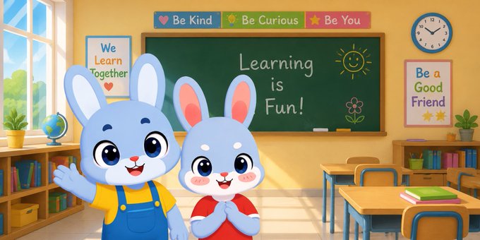 An illustrated classroom scene with two blue bunny characters, a chalkboard reading "Learning is Fun!", and posters saying "Be Kind," "Be Curious," "Be You," and "Be a Good Friend."