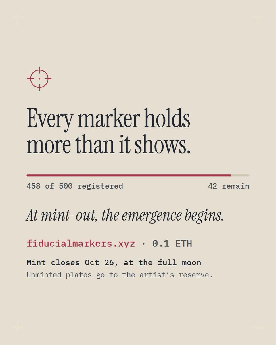 A promotional graphic for 'fiduciamarkers.xyz' NFT mint, displaying the text 'Every marker holds more than it shows.', a progress bar showing '458 of 500 registered', and a price of '0.1 ETH'.