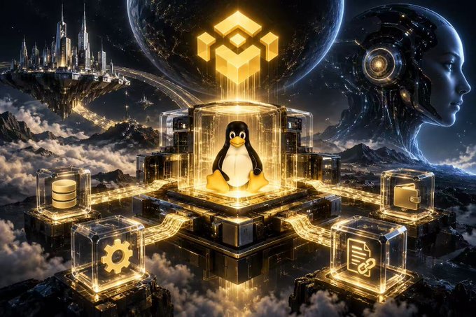 A digital artwork featuring a golden penguin icon, a Binance logo, a futuristic city, and a robotic face, connected by glowing golden data pathways.