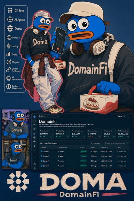 Promotional artwork for DOMA DomainFi featuring blue duck mascots, a dashboard with metrics like $299.0M total volume, and ecosystem features including D3 Edge, AI Agents, and Onchain Settlement.