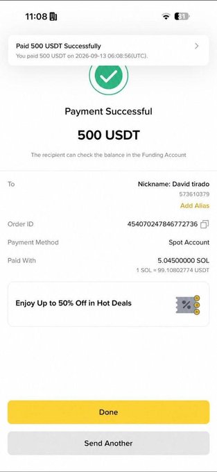 A mobile screenshot of a successful cryptocurrency transaction showing 'Payment Successful 500 USDT' sent to 'Nickname: David tirado' on 2026-09-13, paid with 5.045 SOL from a Spot Account.
