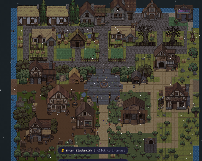This image showcases a charming pixel-art medieval village, featuring various buildings including an "INN," "BLACKSMITH," "MARKET," and "TAVERN" arranged around a central cobblestone plaza. A prompt at the bottom reads "Enter Blacksmith 2 click to interact," reflecting the handmade design highlighted in the post about a building/settlement creator tool called "$harvest."