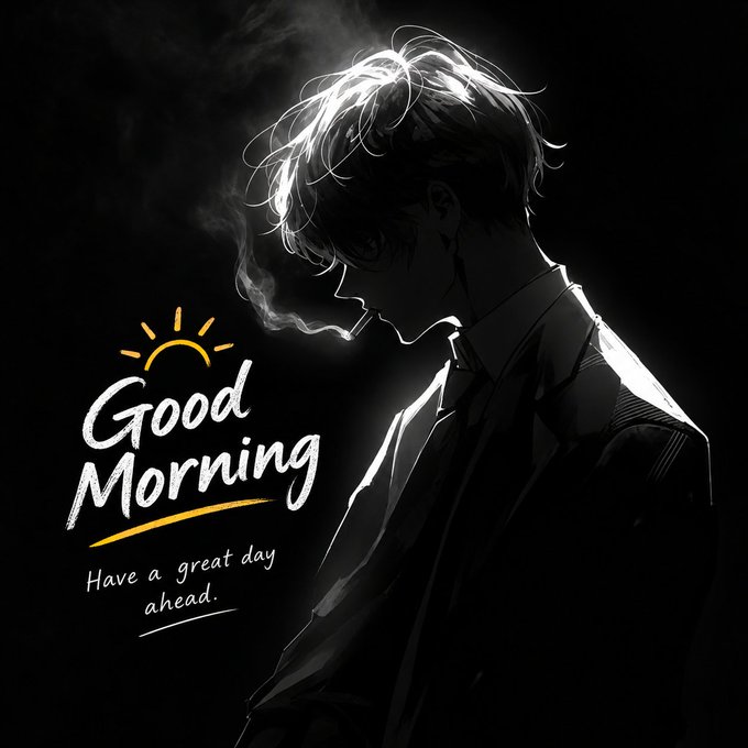 A dark, stylized illustration of an anime-style character smoking a cigarette, with the text 'Good Morning - Have a great day ahead.'