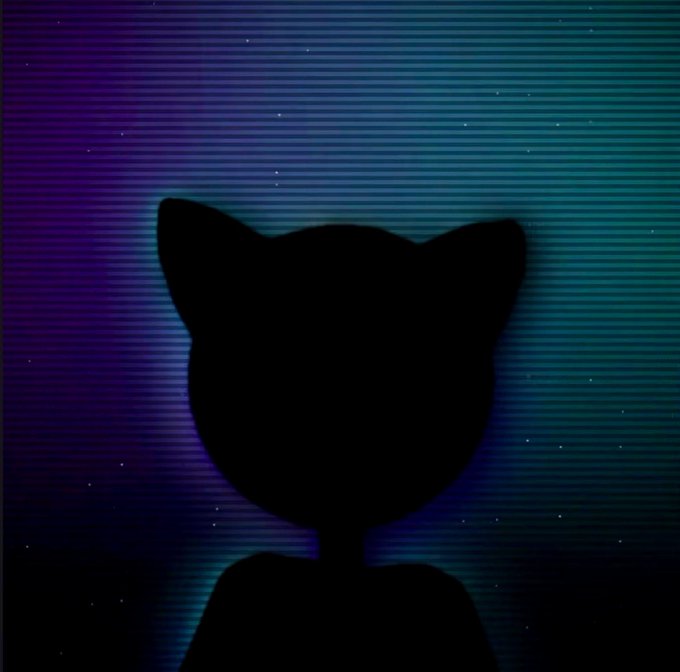 A silhouette of a cat's head with pointed ears and a round face is centered against a starry, purple-to-teal gradient background with horizontal scanlines, evoking the retro-futuristic aesthetic of the MoonCats NFT project being minted on OpenSea.