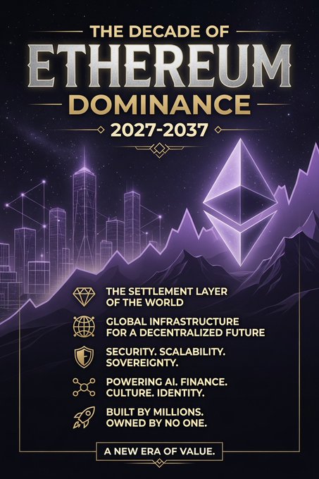 A promotional graphic titled 'THE DECADE OF ETHEREUM DOMINANCE 2027-2037' featuring the Ethereum logo, a purple cityscape, and text about it being 'THE SETTLEMENT LAYER OF THE WORLD.'