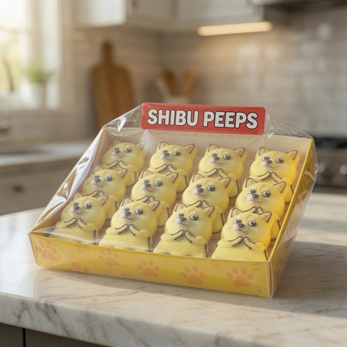 A box of "SHIBU PEEPS" marshmallow treats shaped like Shiba Inu dogs is displayed on a kitchen counter, aligning with the post's enthusiastic $SHIBU community message. The dog-themed confections tie into the Shiba Inu branding associated with the ShibuCoinSolana project, reinforcing the playful, community-focused spirit of the announcement.
