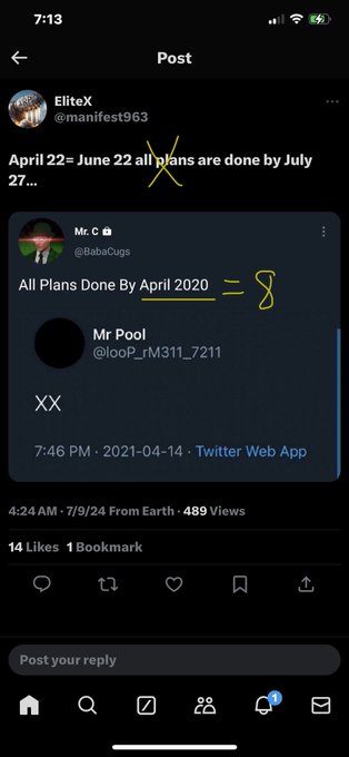 A Twitter/X screenshot showing posts from EliteX and Mr. C about plans being done, with yellow handwritten annotations.