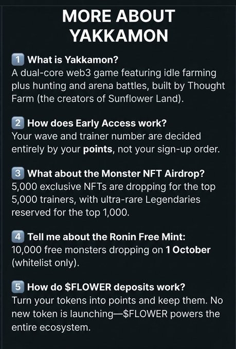 An infographic titled 'MORE ABOUT YAKKAMON' explaining details about a web3 game, including information about Early Access, Monster NFT Airdrop of 5,000 NFTs, Ronin Free Mint of 10,000 monsters on 1 October, and $FLOWER deposits.