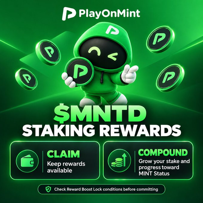 A promotional graphic for PlayOnMint featuring a green mascot character surrounded by $MNTD coins, advertising '$MNTD STAKING REWARDS' with options to claim or compound.