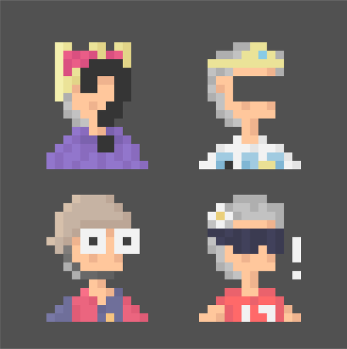 Four pixel-art character portraits are arranged in a 2x2 grid on a dark gray background, each featuring a stylized profile or face with distinct hair, accessories, and clothing colors.