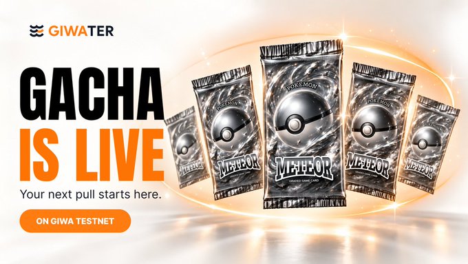 A promotional banner for 'GIWATER' announcing 'GACHA IS LIVE' on GIWA testnet, featuring five silver Pokémon TCG 'METEOR' booster packs against an orange light backdrop.