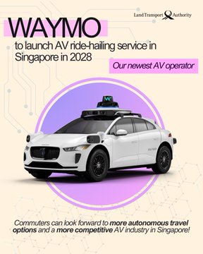 A promotional graphic announcing WAYMO to launch AV ride-hailing service in Singapore in 2028, described as 'Our newest AV operator,' showing a white Waymo vehicle equipped with roof-mounted sensors.