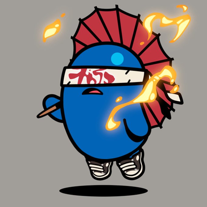 A cartoon blue Among Us character wearing a red mohawk and a headband with Japanese characters, surrounded by orange flames while holding a knife.