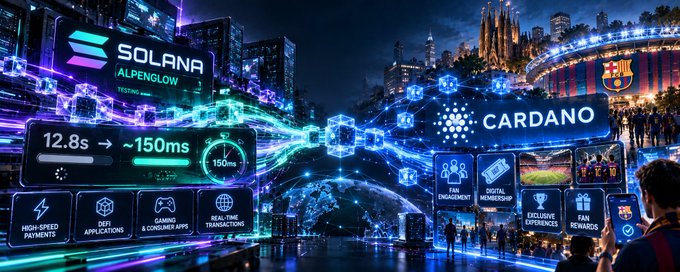 A futuristic digital advertisement compares Solana Alpenglow and Cardano blockchains, displaying performance metrics like '12.8s → ~150ms' and highlighting features such as high-speed payments and DeFi applications.